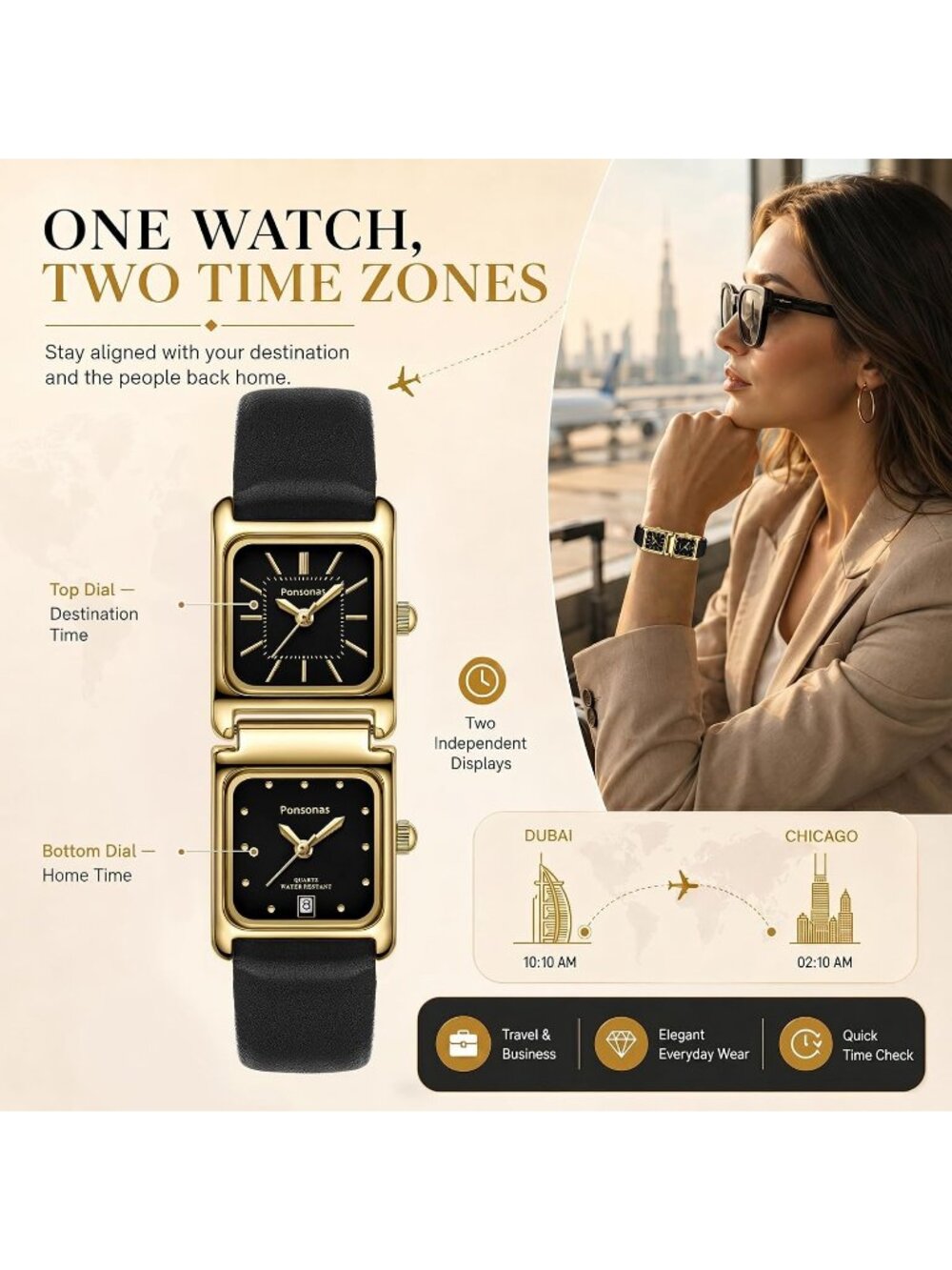 Women's All Black Leather Quartz Dual Square Dial Vintage Dress Wrist Watches - Picture 2 of 7
